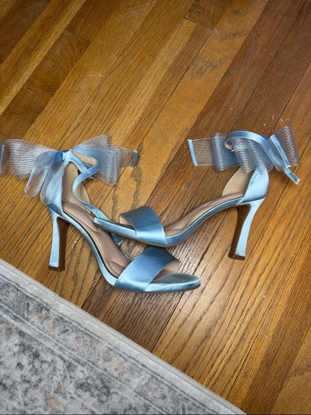 Kelly & Katie Light Blue Satin Ankle-Tie Heels